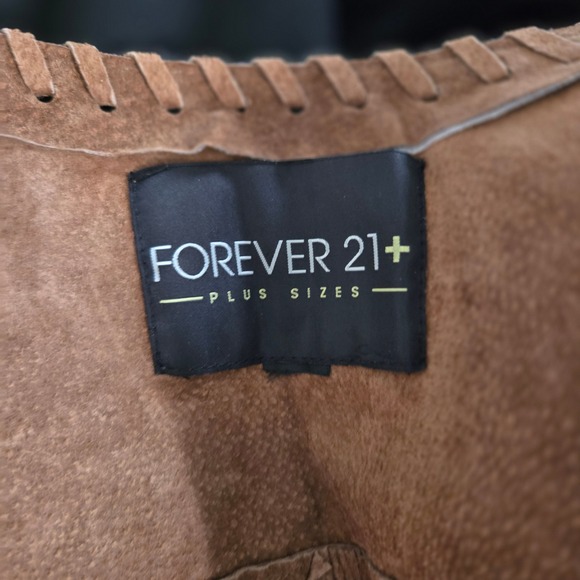 Forever 21 Plus Brown Pigskin Leather Fringe Jacket Western Open Front Womens - Picture 7 of 8